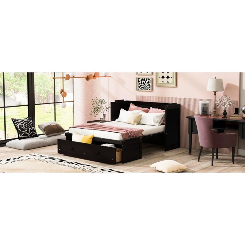 Lit lisse avec grand tiroir et grand tiroir, Lit double, Espresso