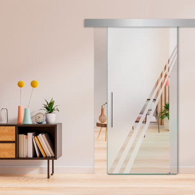 Frameless Glass Sliding Barn Door with Sandblasted Modern Design + Hardware Kit (Non-Private)