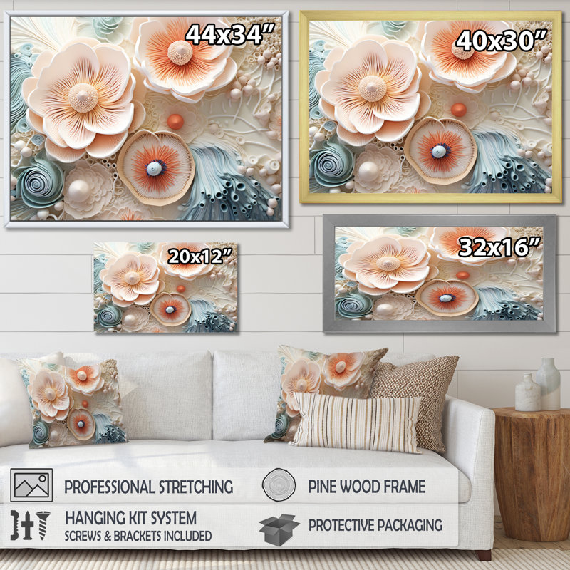 «Blue and White Coral Underwater Bouquet I - Coastal Coral Under Water», reproduction sur toile encadrée, Cadre flottant noir