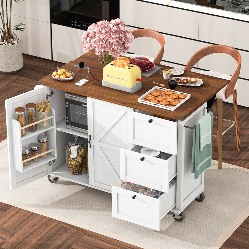 54.5" Farmhouse Kitchen Island With Power Outlet, Kitchen Storage Island  With Internal Storage Rack, Drop Leaf, Spice Rack, Rolling Kitchen Cart On Wheels, For Home, Kitchen And Dining Room