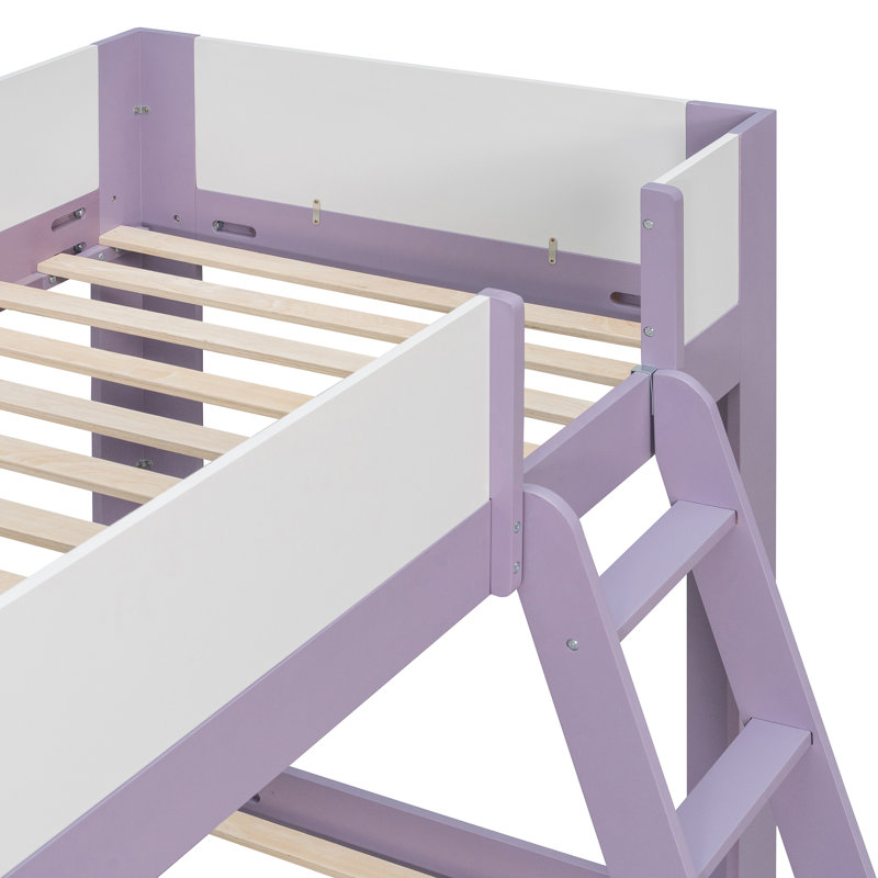 Lit superposé bas simple, lit superposé convertible en bois avec échelle réversible et barrières de sécurité, violet