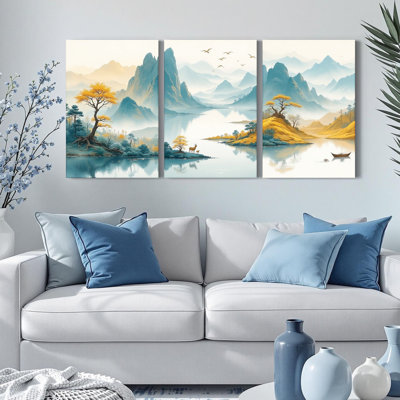 Tableau sur toile tendue représentant un paysage de montagne brumeux (ensemble de 3)