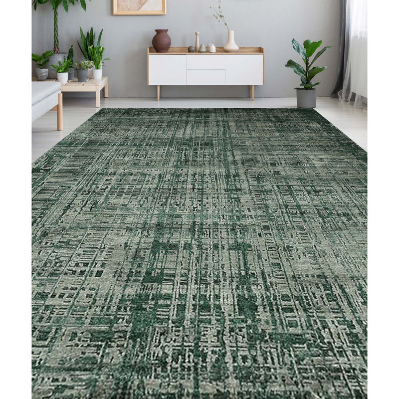 Tapis vert noué à la main de haute qualité, Rectangle 9 pi x 12 pi, Laine