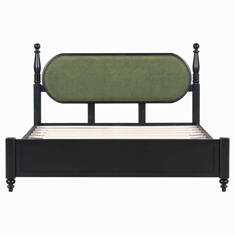Queen Bed Frame, Solid Wood Platform With Slats, Upholstered Headboard, Black/Green