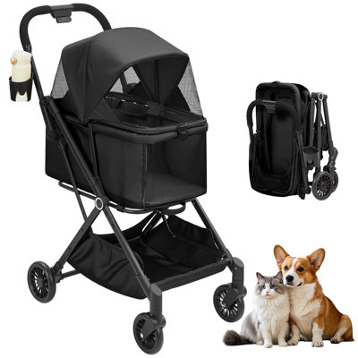 Lightweight Pet Stroller with Quick Fold Design Breathable Mesh Canopy Swivel Wheels with Brakes Portable Travel Cart for Small Dogs Cats Outdoor Use
