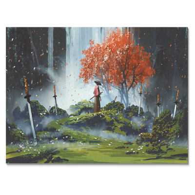 Samouraï debout dans un jardin en cascade avec des épées - reproduction sur toile