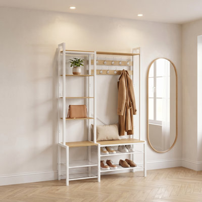 Hall Tree With Bench And Shoe Storage, Hallway Coat Rack With Shoe Bench And 5 Storage Shelves, 9 Coat Hooks And 6 Side Hooks, 140 X 120 X 190 Cm, Golden Oak And Cloud White   