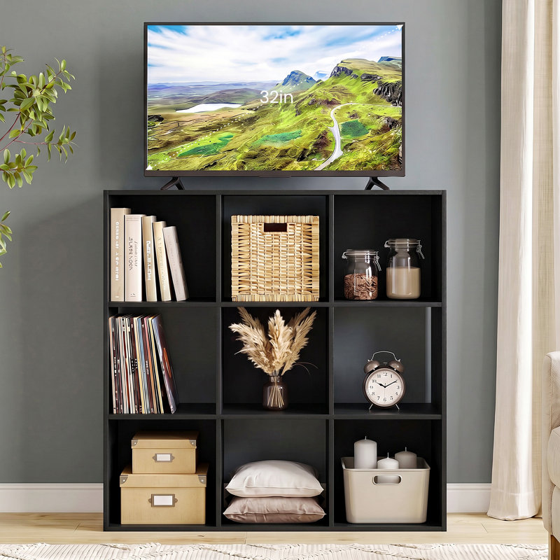 9-Cube Bookcase, Decorative Storage Shelf, Black, (9 Shelves) 35.24"H x 35.94"W x 11.61"D