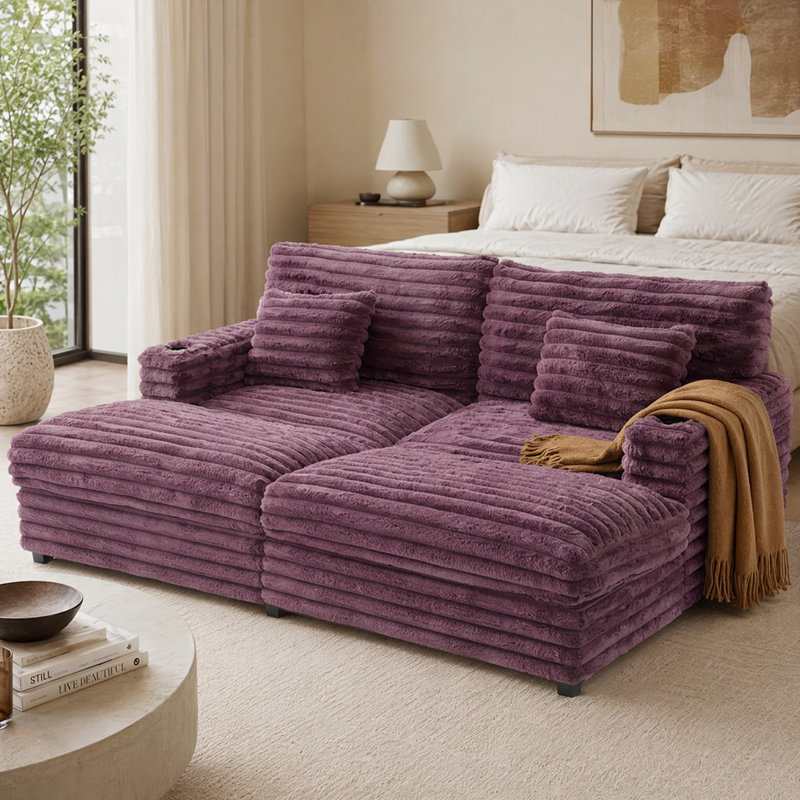 Canapé-lit moelleux de 83,5 po avec fausse fourrure de lapin, ports de chargement USB, porte-gobelets et coussins lombaires - canapé-lit douillet