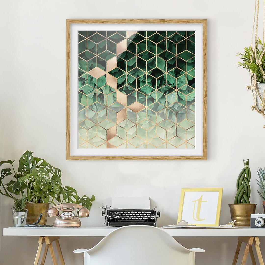 Gerahmtes Poster Green Leaves Golden Geometry