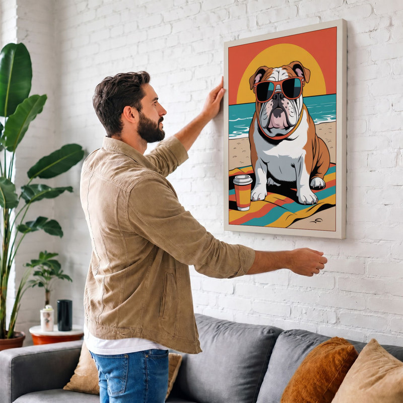 Beach Bulldog Modern 1 Piece Wrapped Canvas Wall Art, 30x20 - 76.2 x 50.8 cm, Sage Border