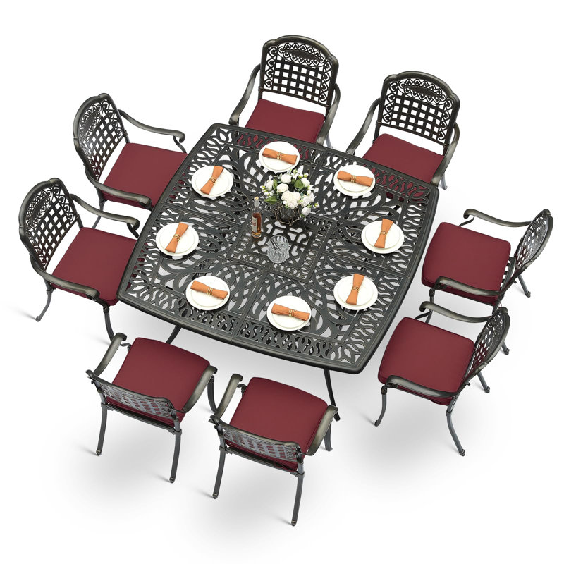 9-Piece Outdoor Furniture Dining Set For 8, All Weather Cast Aluminum Patio Dining Set- Large 64" Square Table With Umbrella Hole And 8 Cushioned Chairs, Patio Table And Chairs Set