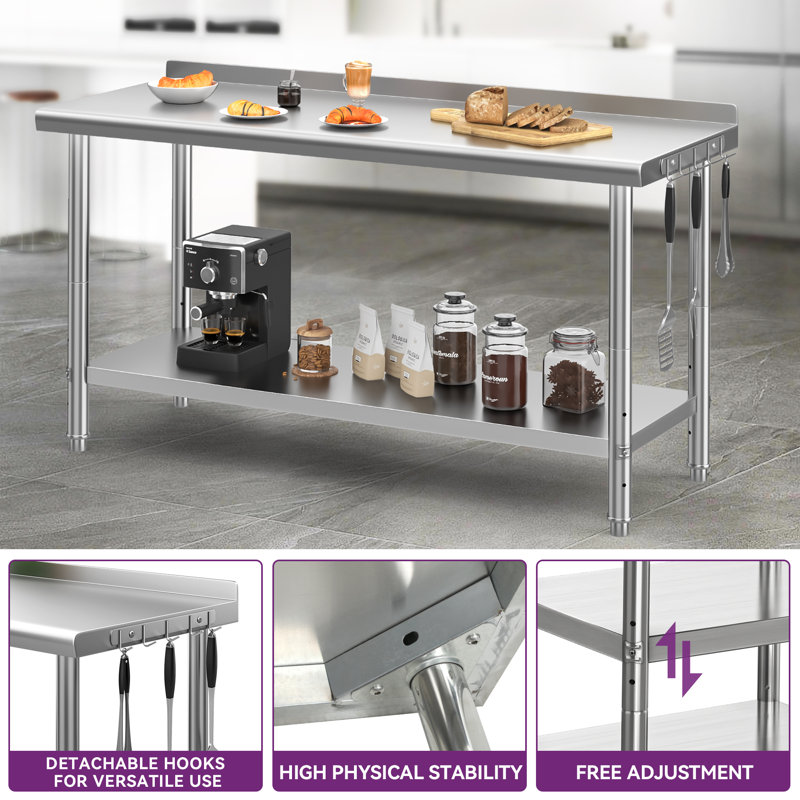 Adjustable Stainless Steel Table for Prep & Work with Backsplash, 32.8" H x 60" W x 24" D
