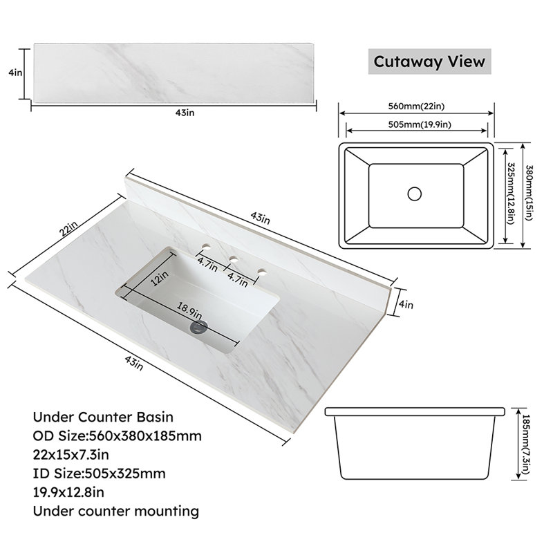 43'' Marble Vanity Top, 4" Centers