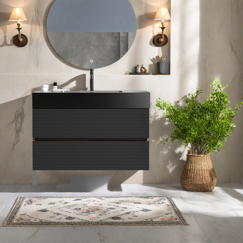 Meuble-lavabo mural moderne avec finition noyer, lavabo à quartz noir, rangement efficace pour la salle de bain