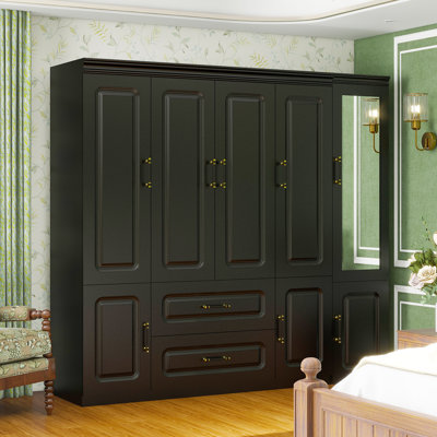 Freestanding Wardrobe Armoire with Mirror, Modern Black Wardrobe Closet for Storage by Lark Manor