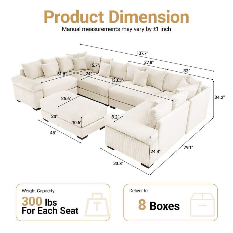 Canapé modulaire en coin surdimensionné de 137,7 po avec repose-pieds 7 pièces, Velours côtelé beige