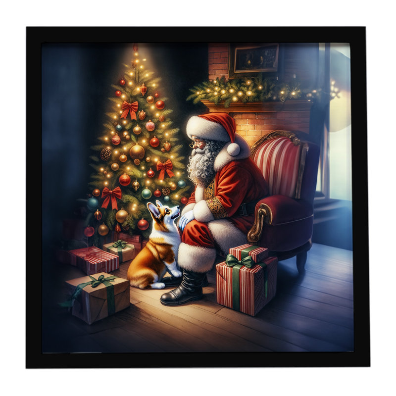 Corgi and Santa Claus, reproduction d'art encadrée