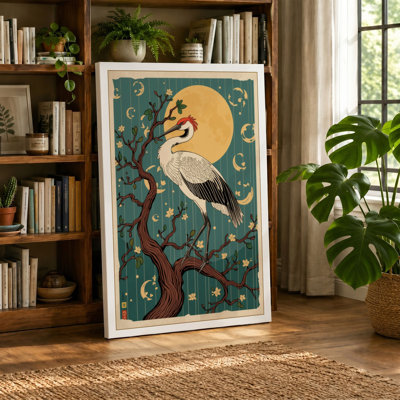 Crane Under Moon Japandi - Wrapped Canvas