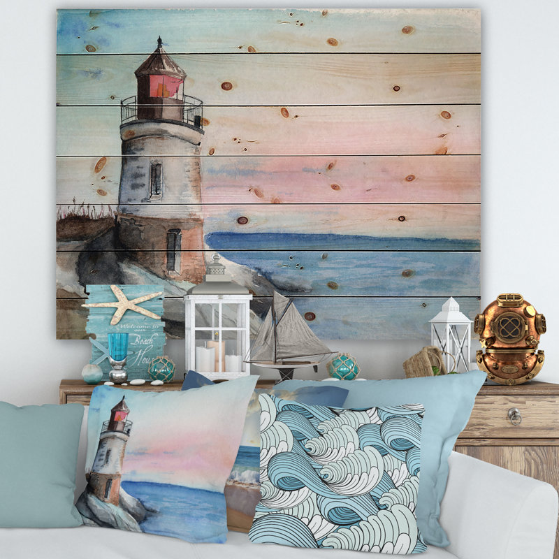 Phare sur un rivage en début de matinée - Impression nautique et côtière sur bois de pin naturel