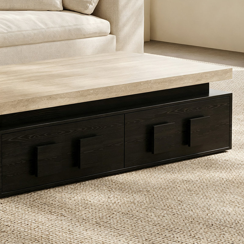 Table basse rectangulaire avec rangement en ardoise pour le salon, 14.96" H x 51.18" W x 27.55" D, Beige / Noir