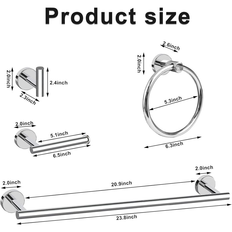 Premium Bathroom Hardware Set - 8 Piece SUS304 Stainless Steel Towel Bar, Towel Ring, Toilet Paper Holder & Robe Hook Set For Modern Bathroom Decor