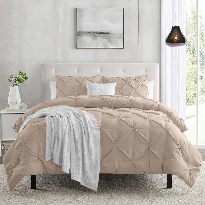 Microfiber Solid Colour Duvet Cover Set with Pillowcases, Beige, King Duvet Cover + 2 King Pillowcases