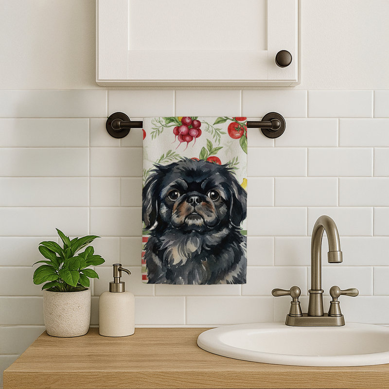 Black Pekingese Vegetables Kitchen Towel, Black Pekingese