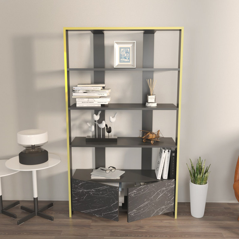 Modern Bookshelf in Black & Marble Finish, 36.9 x 63.0 x 12.4 Inches | 100% Melamine Coated Particle Board, Thickness: 0.7 Inches | Stylish Storage Solution for Home & Office, Durable & Elegant Design