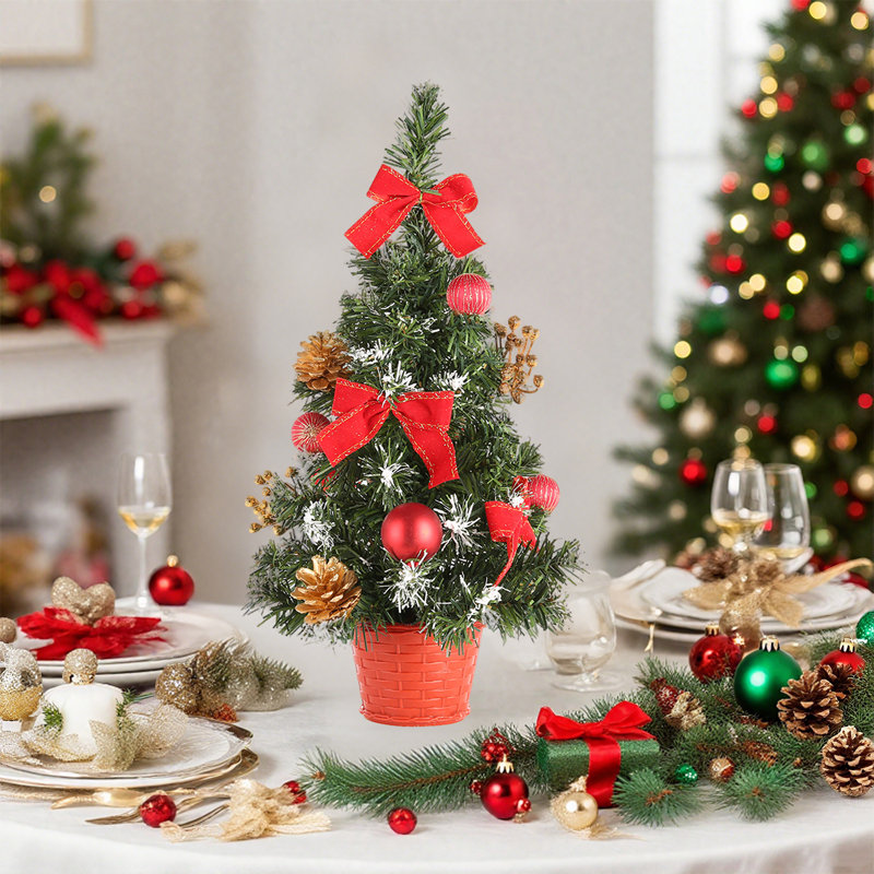 Paquet de 2, ensemble de 2 arbres de Noël de table de 16 po avec plateau de table en forme d'arbre de Noël givré et décorations de Noël