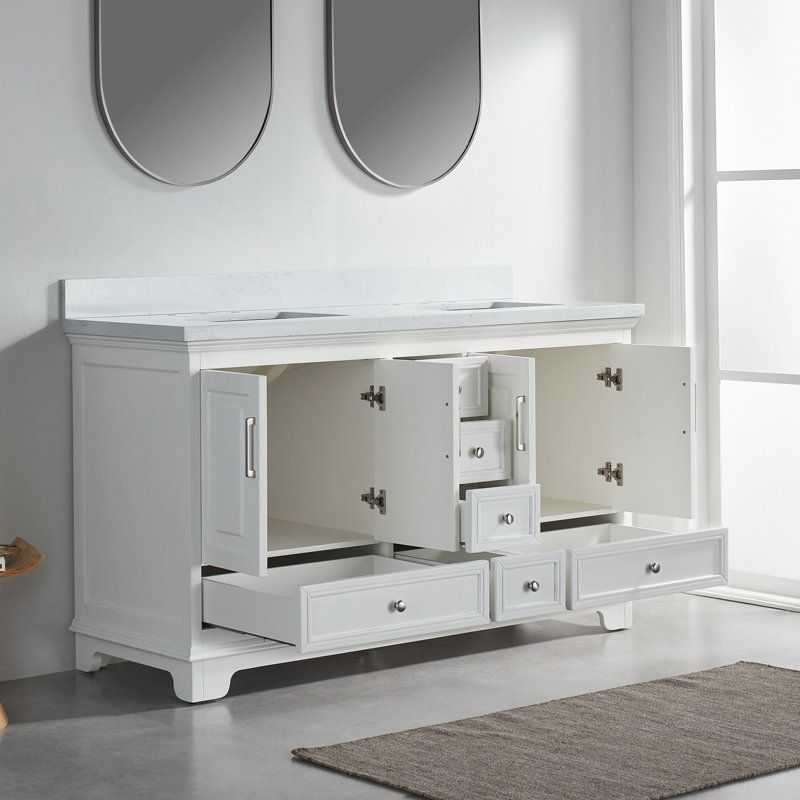 Meuble-lavabo double autoportant de 60 po avec pierre artificielle entièrement assemblé, White