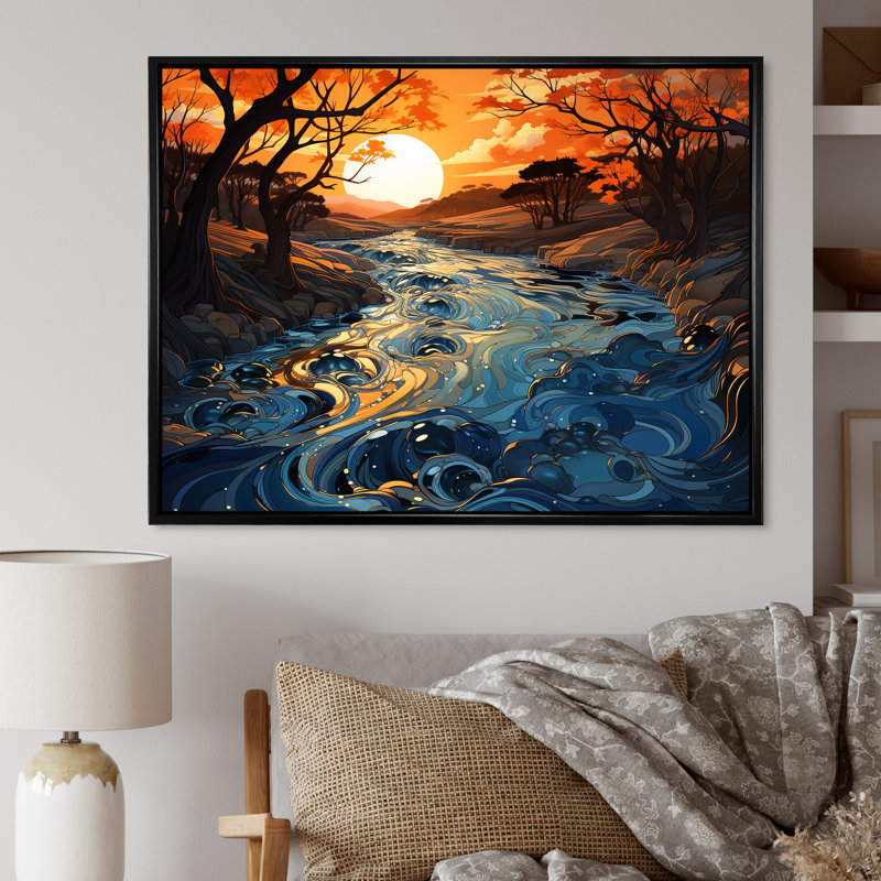 Orange et bleu, rivière, voyage serein I - rivière, art mural, Cadre flottant noir, H 12 po x l 20 po x P 1 po