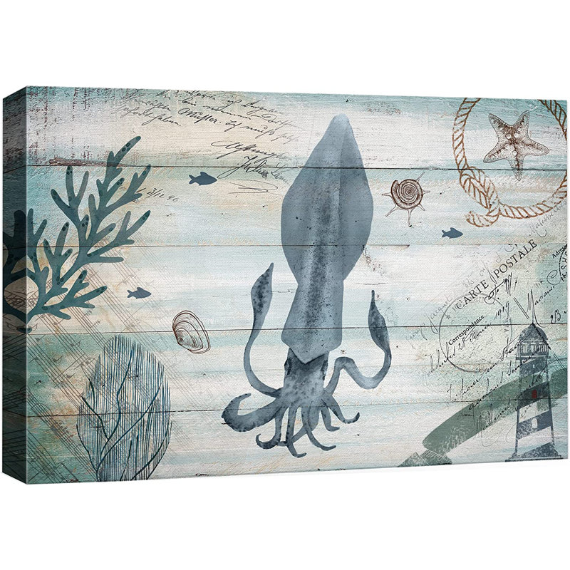 «Marine Lifes In The Sea Tropical Island Underwater Pastel Ocean Sea Squid Animals Nature», reproduction sur toile tendue