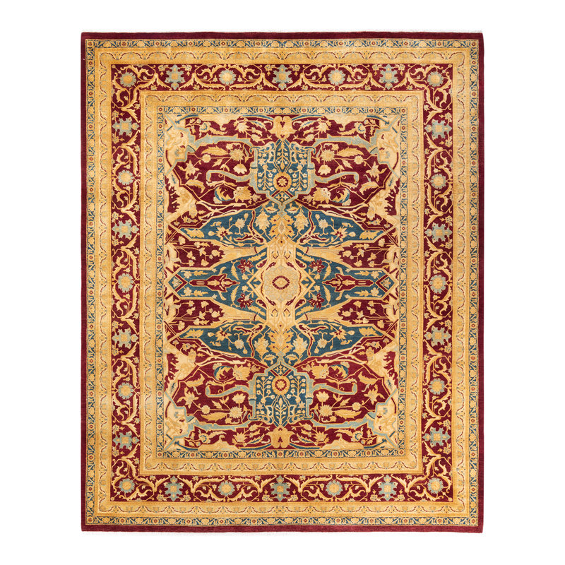 Tapis unique noué à la main Keenan - rouge / orange / bleu sarcelle, 8 pi 2 po x 10 pi 1 po