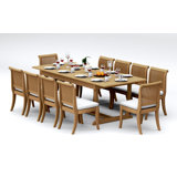 10 Seats 11 Pcs Grade-A Teak Wood Dining Set: 94" Double Extension Mas Rectangle Trestle Leg Table And 10 Giva Armless Chairs #11GV2100