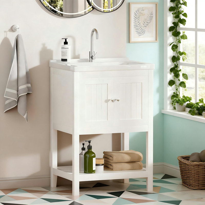 Meuble-lavabo simple 24 po avec comptoir en céramique, meuble-lavabo autoportant moderne pour espaces compacts