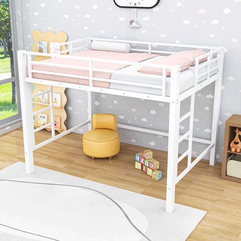 Metal Loft Bed with Guardrails, Ladder and Slats, Queen