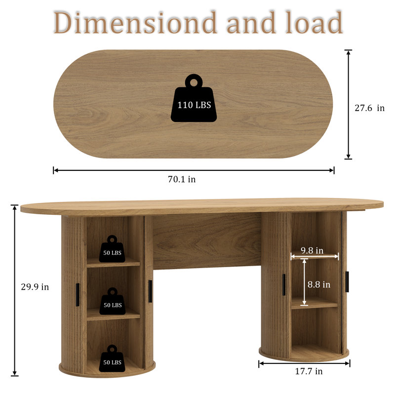 Bureau de direction ovale moderne en bois de 70 pouces avec armoire de rangement et 2 portes coulissantes., Chêne