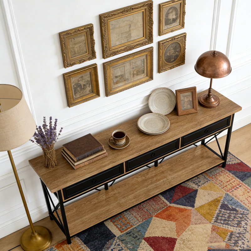 Table console à 3 tiroirs avec vestibule et tablette de rangement, Noir et brun