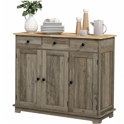 HOMCOM Side Cabinet With Solid Wood Top, Modern Kitchen Storage Cabinet, Coffee Bar Cabinet With Drawers, Door, And Adjustable Shelves, Wear-Resistant Gray