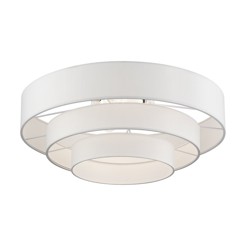 Très grand semi-encastré 5 lumières bronze avec abat-jour en tissu blanc cassé fabriqué à la main, Bronze