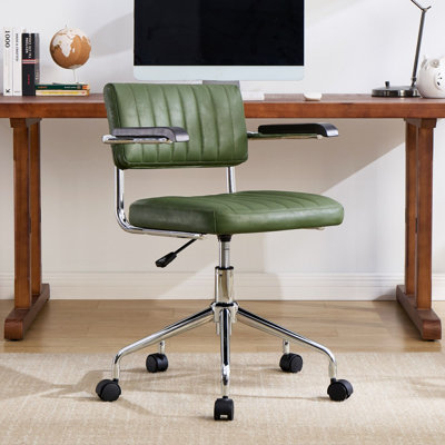 Ayris 25" W Mid-Century Modern Adjustable Height Swivel Faux Leather Task Chair with Solid Wood Armrests