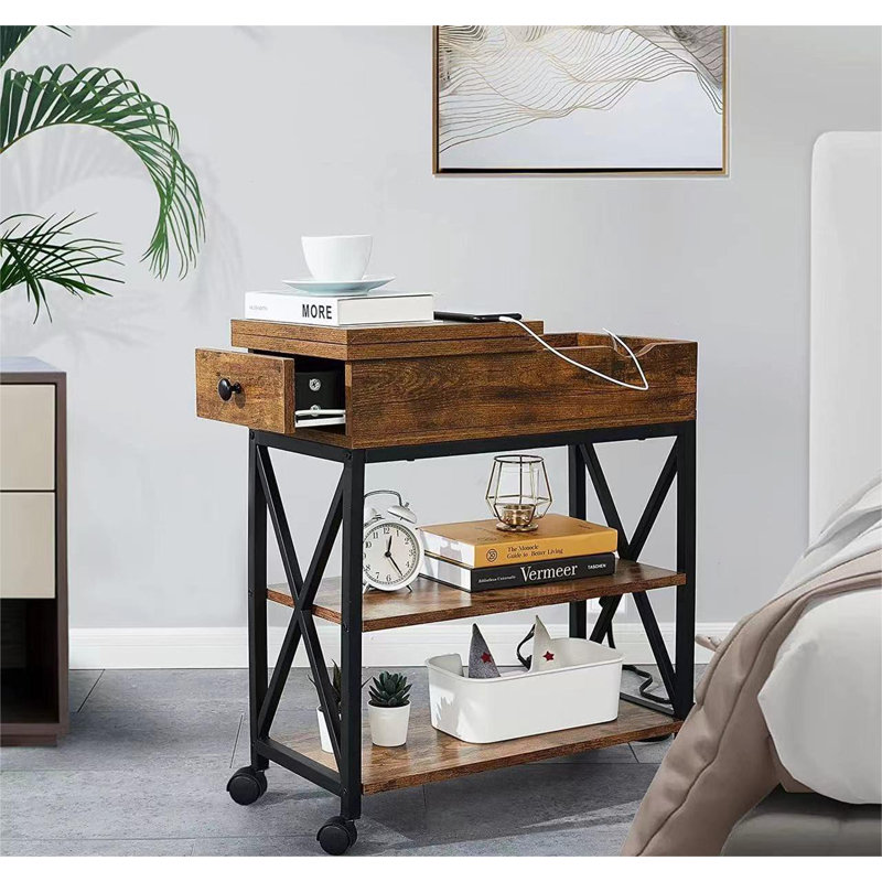 Southview End Table with Charging Station Flip Top Side Table with Storage Shelf, Brown