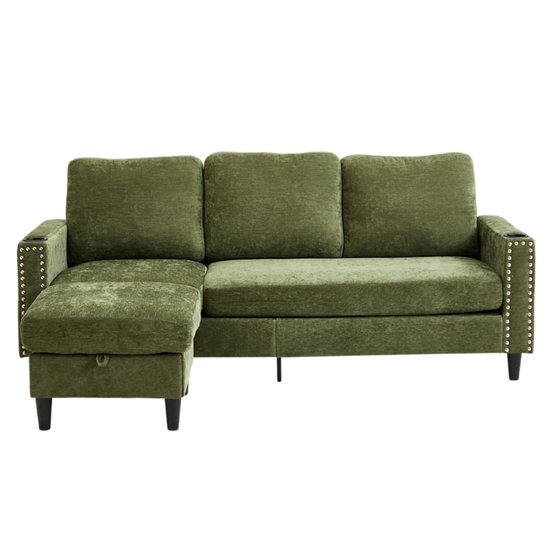 Upholstered L-Shaped 3-Seater Sectional Sofa with Footstool, Green
