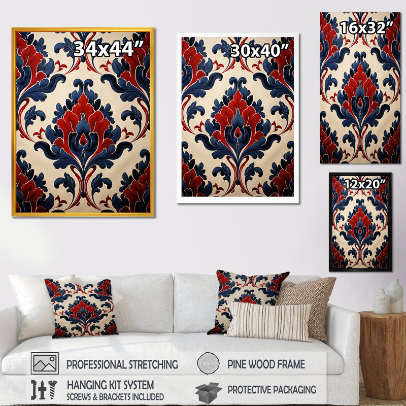 Floral, tuiles turques rouges et bleues 2 - Art mural floral abstrait, Toile tendue, H 40 po x l 30 po x P 1,5 po