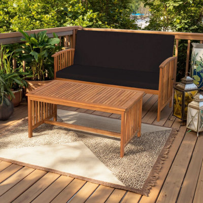 Kaila 2Pc Outdoor Table And Loveseat Set, Black Cushion, Natural Brown