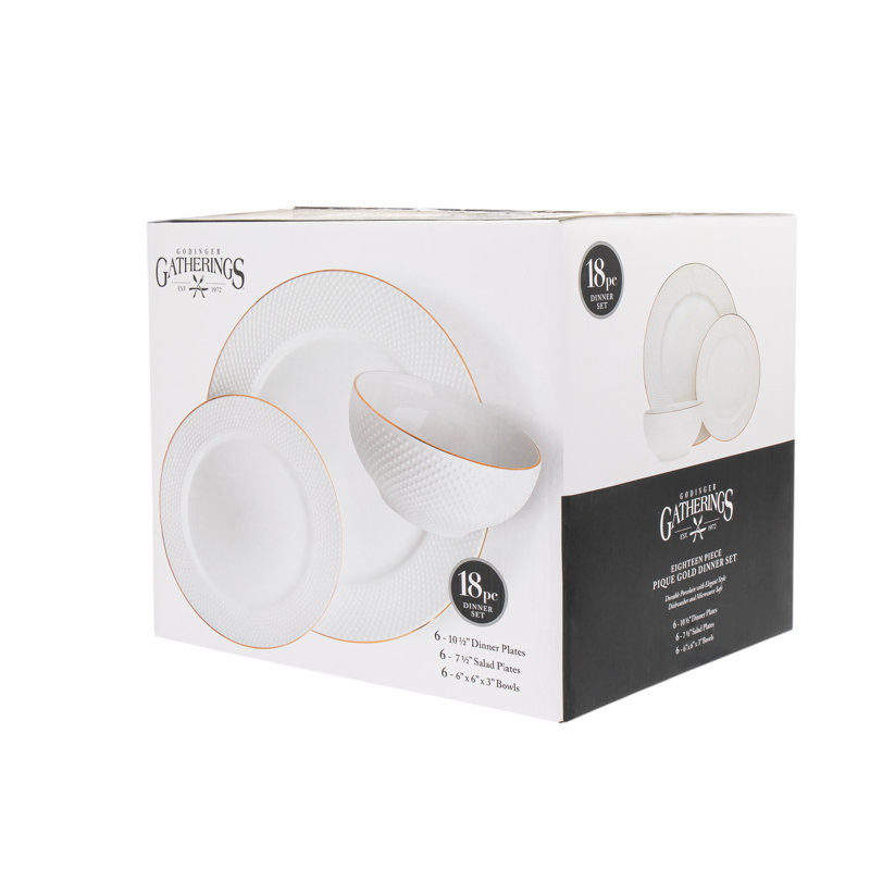 Elegant White Porcelain Dinnerware Set with Gold Trim, Service for 6