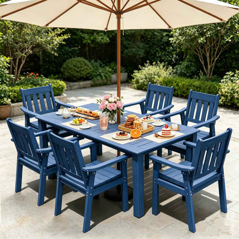 Ensemble de salle à manger d'extérieur 7 pièces pour 6 personnes, résistant aux intempéries, avec trou pour parasol et structure en aluminium HIPS. Modèle moderne, robuste et confortable, idéal pour terrasse, jardin, véranda, patio ou piscine. Comprend 1 table et 6 chaises.