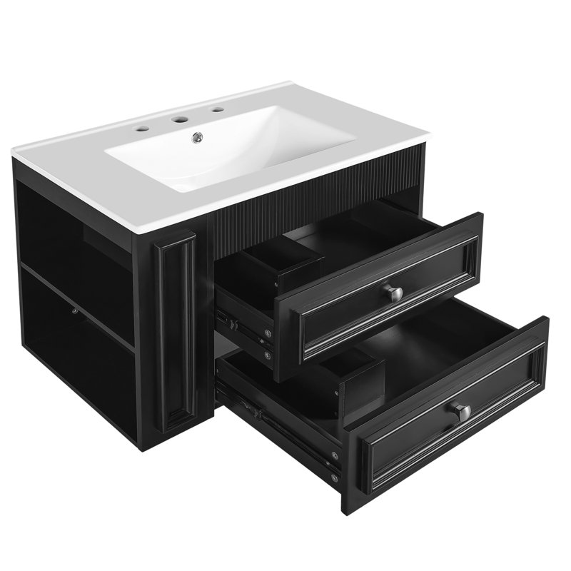 Meuble-lavabo mural 30 po, 2 tiroirs, lavabo simple en céramique 3 trous, armoire moderne, Noir