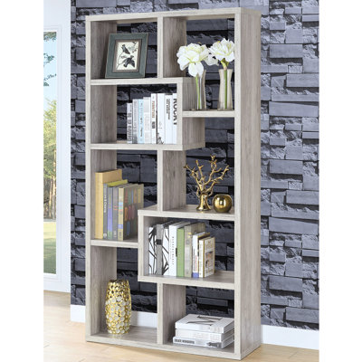 Bibliothèque à 10 tablettes en bois flotté gris, bois d'ingénierie avec placage à griffes, idéale pour les petits bureaux